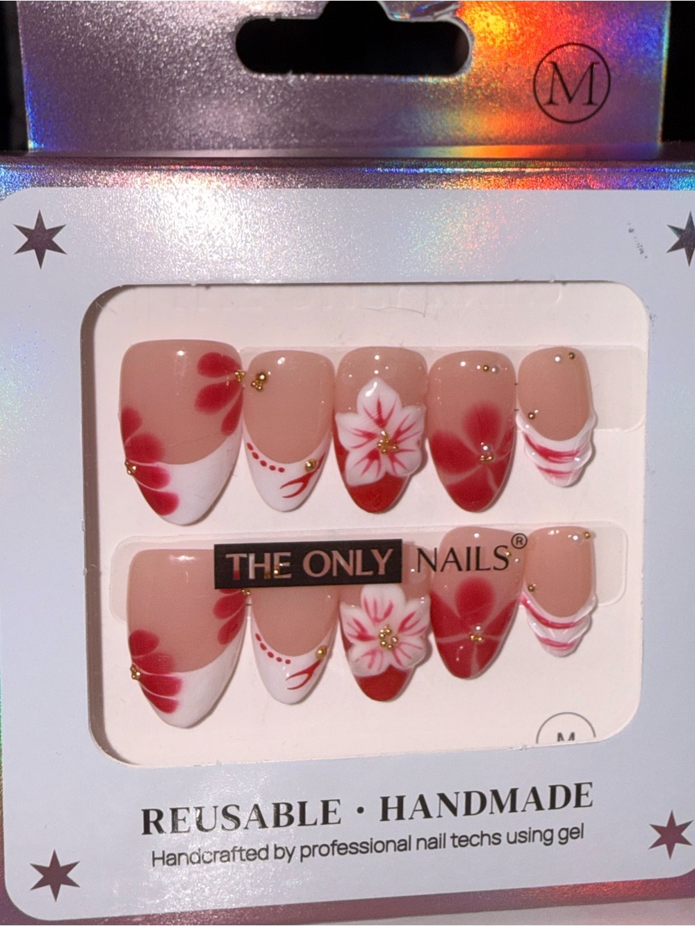 The Only Nail Red Floral Reusable Handmade Press-On Nail Set